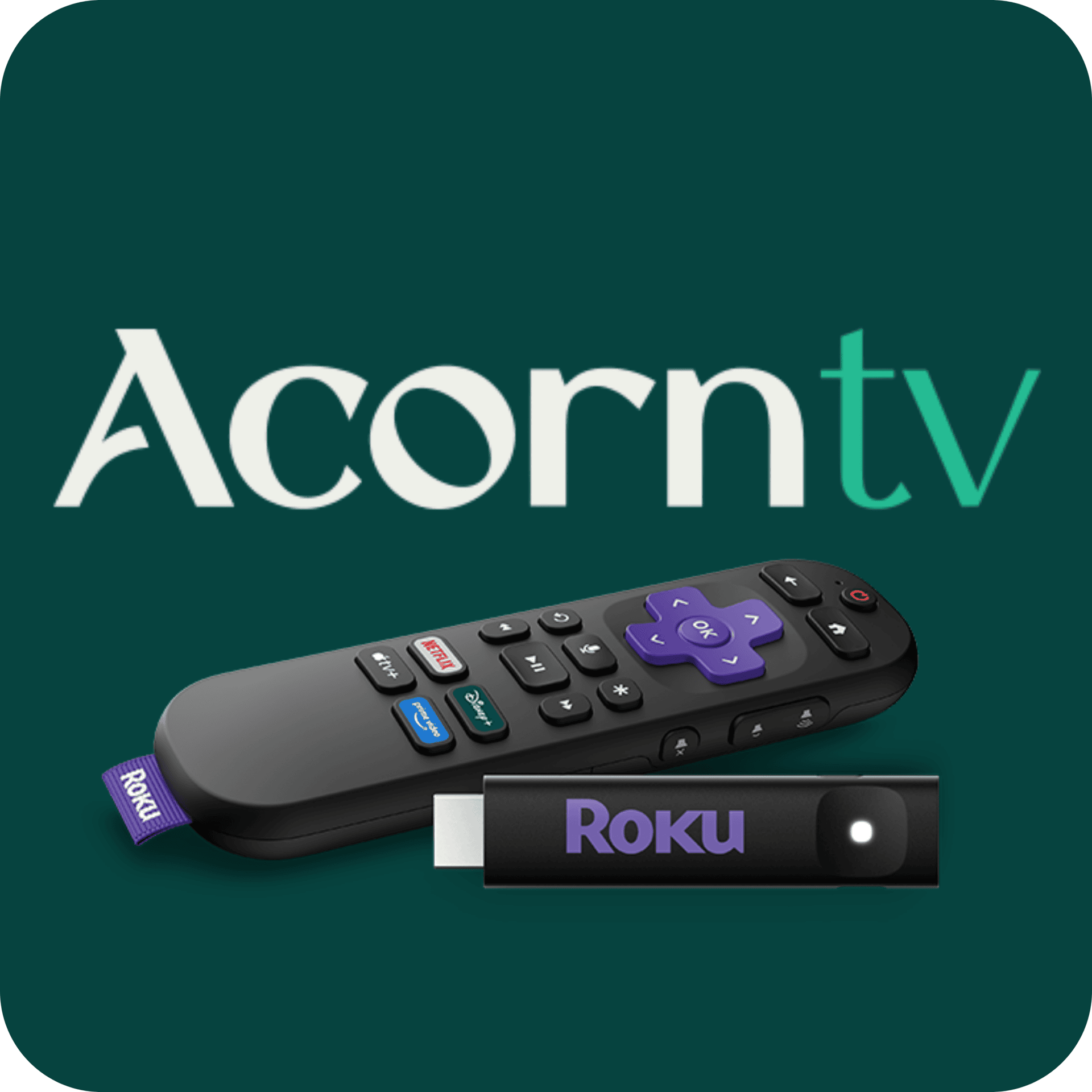 Acorn TV logo above a Roku remote and streaming stick on a green background.