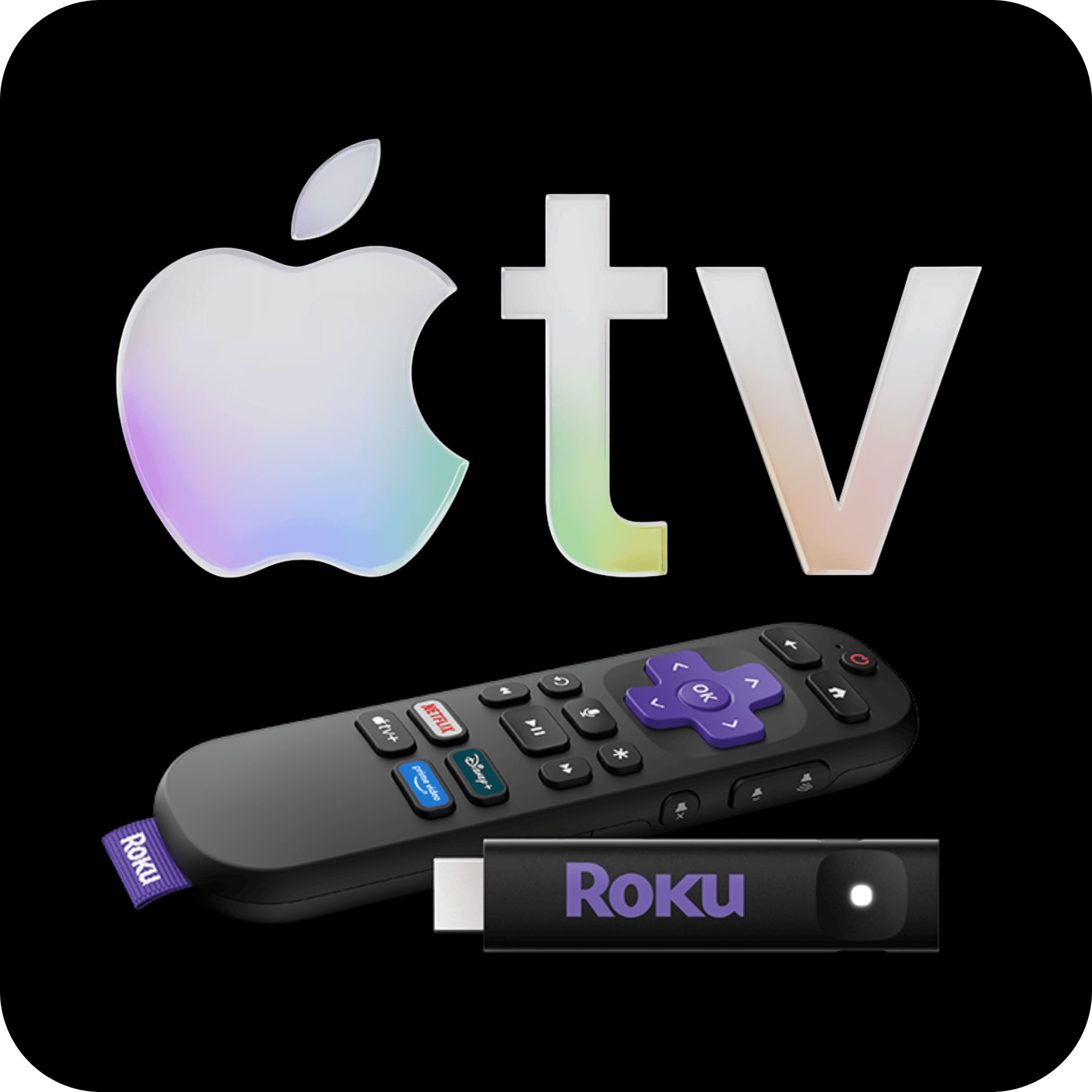 Apple TV logo above a Roku remote and streaming stick on a black background.
