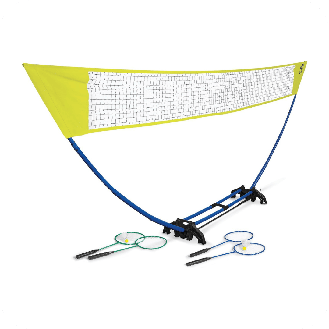 A portable badminton set with a yellow and white net on a blue frame, two rackets, and two shuttlecocks displayed on a white background.