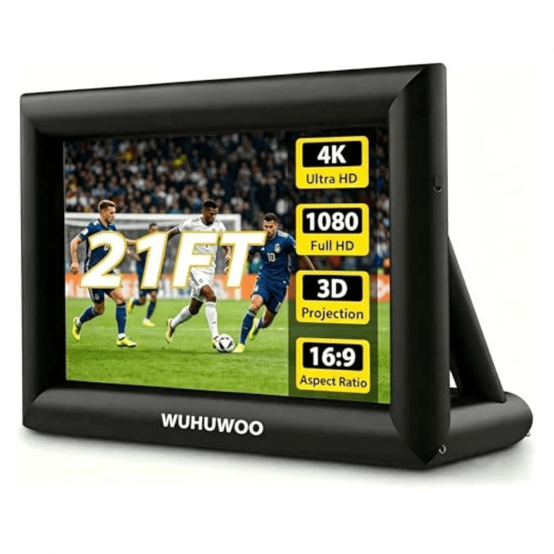 Black inflatable projector screen displaying a soccer match, with yellow text highlighting 21 FT, 4K Ultra HD, 1080 Full HD, 3D Projection, and 16:9 Aspect Ratio. Brand name WUHUWOO is at the bottom.