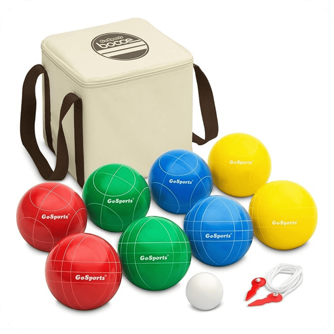 A bocce ball set with a beige case, four red, four green, two yellow, and two blue balls, a small white pallino, a measuring tool, and a rope are displayed on a white background.