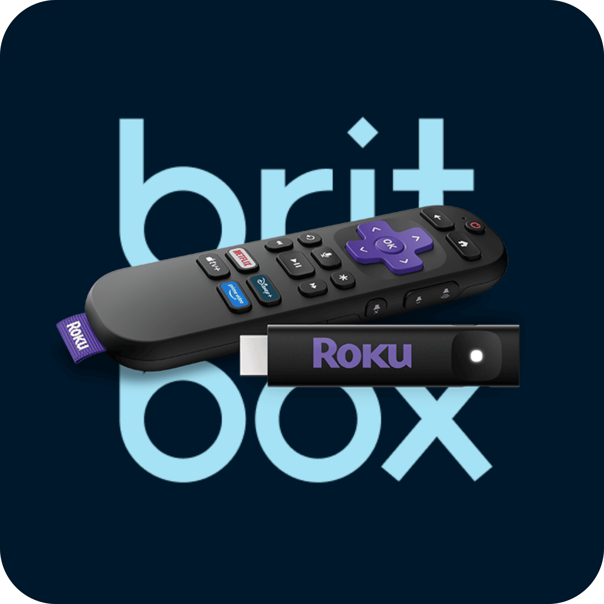 A Roku remote and streaming stick are shown in front of a blue BritBox logo on a dark background.