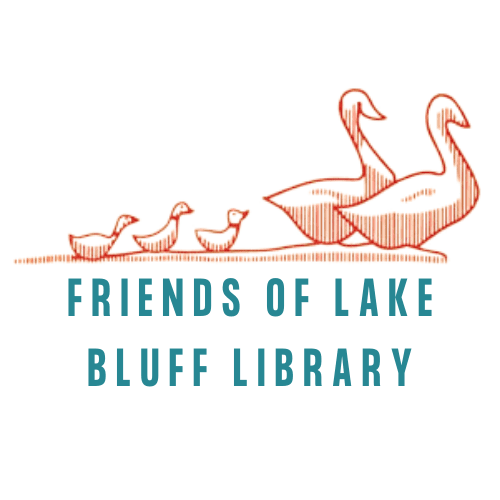 Two adult geese and three goslings walk in a line above the words FRIENDS OF LAKE BLUFF LIBRARY in blue-green capital letters on a white background.