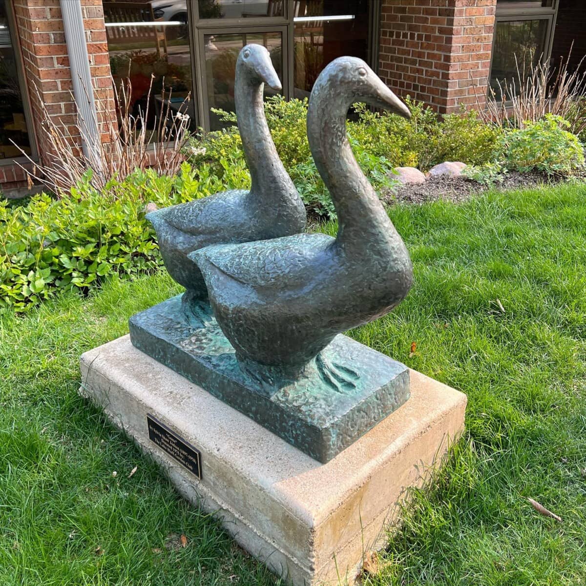 A bronze sculpture of two geese standing side by side on a rectangular concrete base, placed on grass outside a brick building with windows and some bushes in the background.