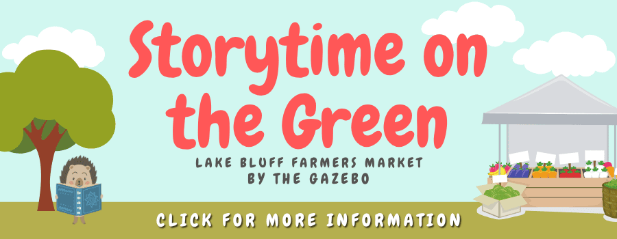 A cartoon hedgehog reads a book under a tree near a produce stand. Text: Storytime on the Green. Lake Bluff Farmers Market by the Gazebo. Click for more information..