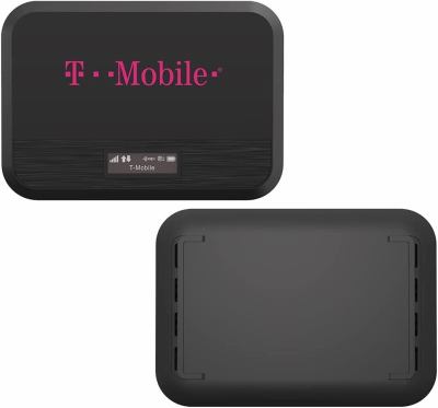 Two views of a T-Mobile portable Wi-Fi hotspot device. The top view shows the T-Mobile logo and a small display screen; the bottom view shows the plain back of the device.
