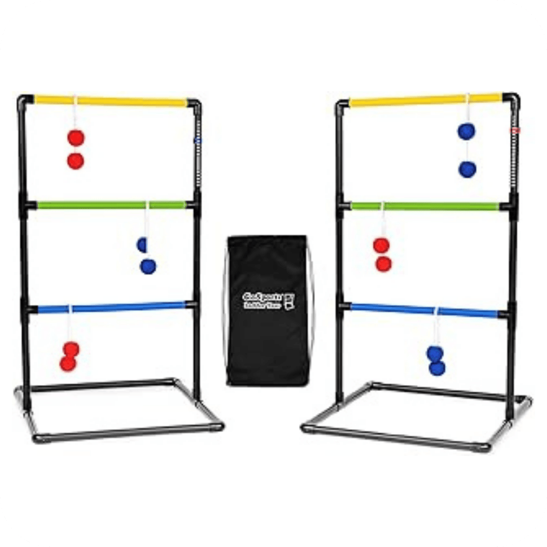Two ladder toss game sets with colored bars and bolas, and a black carrying bag labeled GoSports Ladder Toss..