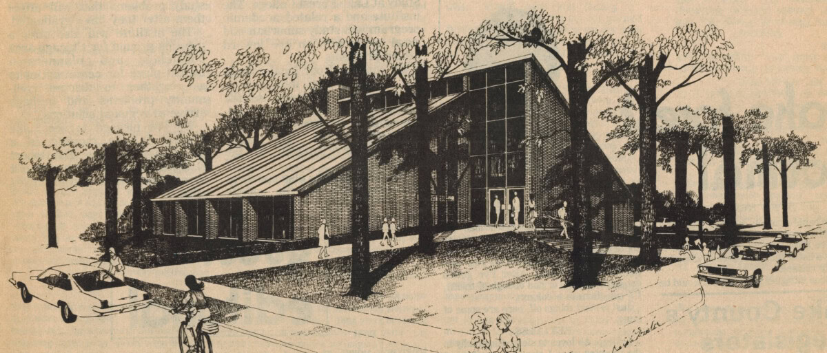 Black and white drawing of a modern brick church with large windows, surrounded by trees. People walk nearby, and cars are parked along the street in front of the building.