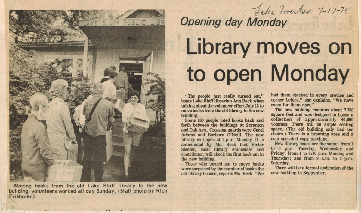 Newspaper clipping with a black-and-white photo of volunteers moving boxes into a library, and a headline reading Library moves on to open Monday. Text discusses the move and upcoming library opening.